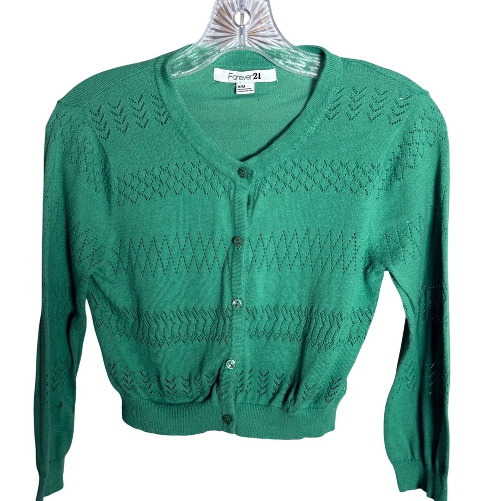 Forever 21 Cardigan Womens Medium Green Cotton Pointelle Knit Cropped Sweater